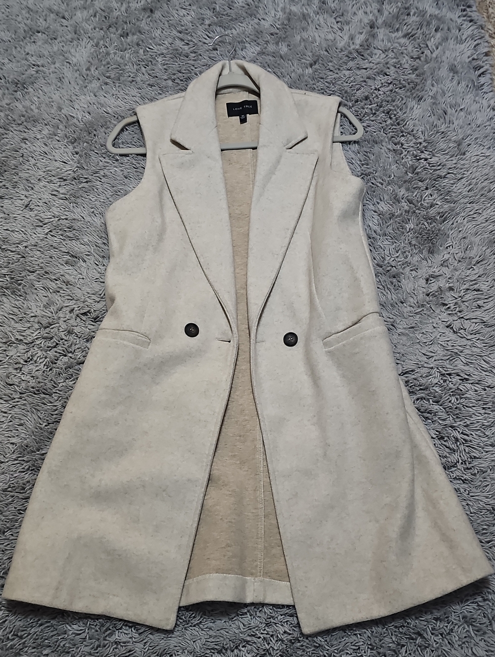 Love Tree Cream Sleeveless Long Vest with Notch Collar